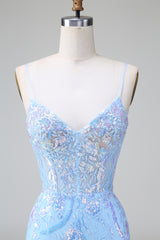 Sparkly Blue Sequins Corset Short Tight Homecoming Dress