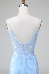 Sparkly Blue Sequins Corset Short Tight Homecoming Dress