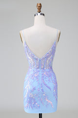 Sparkly Blue Sequins Corset Short Tight Homecoming Dress