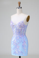 Sparkly Blue Sequins Corset Short Tight Homecoming Dress