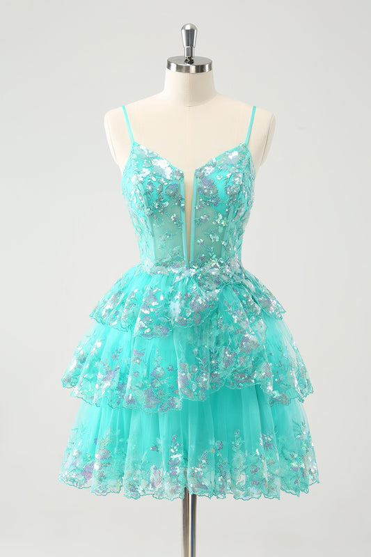 Sparkly Green Tiered Sequins Corset Short Homecoming Dress