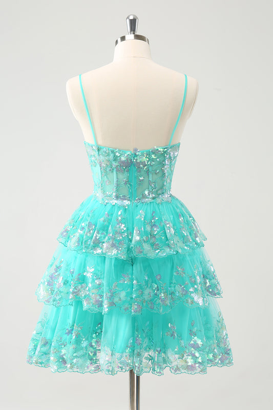 Sparkly Green Tiered Sequins Corset Short Homecoming Dress