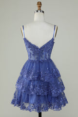 Dark Blue Sparkly Corset A-Line Spaghetti Strap Homecoming Dress