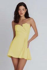 Yellow Strapless Satin Short A-Line Homecoming Dress with Ruffles