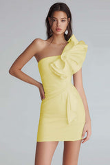 Yellow Satin Satin One Shoulder Short Tight Homecoming Dress with Ruffles