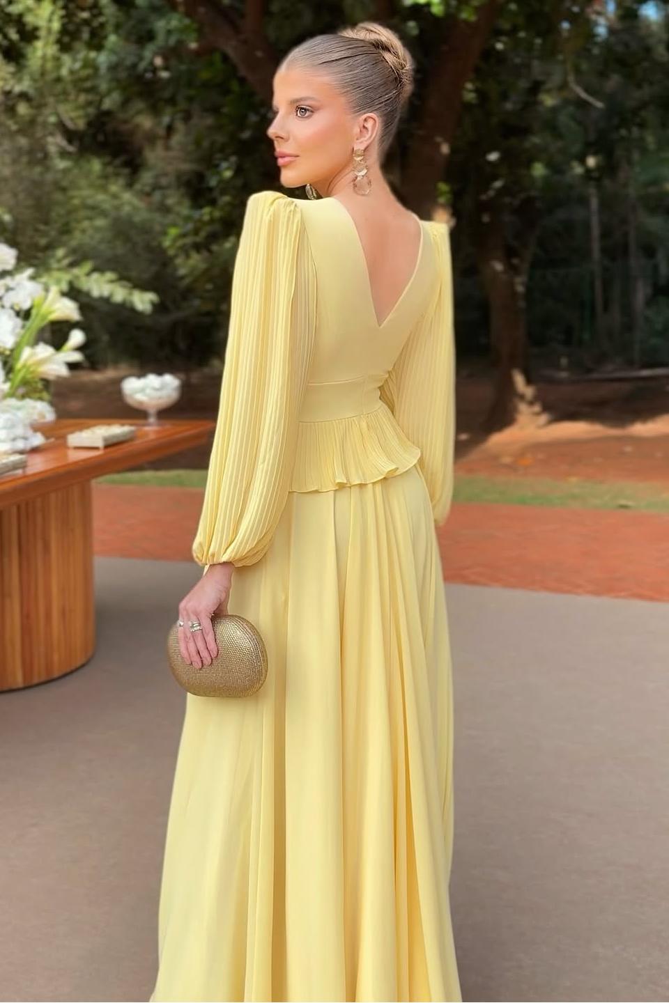 Yellow A Line Prom Dress Long Sleeve V Neck Formal Dress