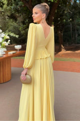 Yellow A Line Prom Dress Long Sleeve V Neck Formal Dress