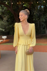 Yellow A Line Prom Dress Long Sleeve V Neck Formal Dress