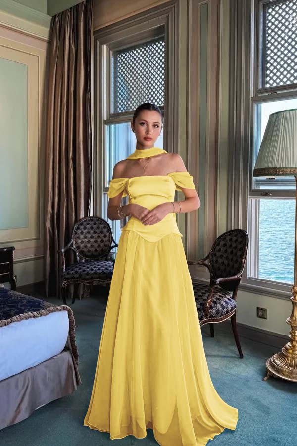 Yellow A Line Prom Dress Off the Shoulder Formal Dress