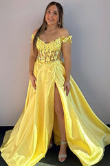 Yellow A Line Prom Dress Off the Shoulder Formal Dress With Lace Appliques