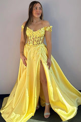 Yellow A Line Prom Dress Off the Shoulder Formal Dress With Lace Appliques