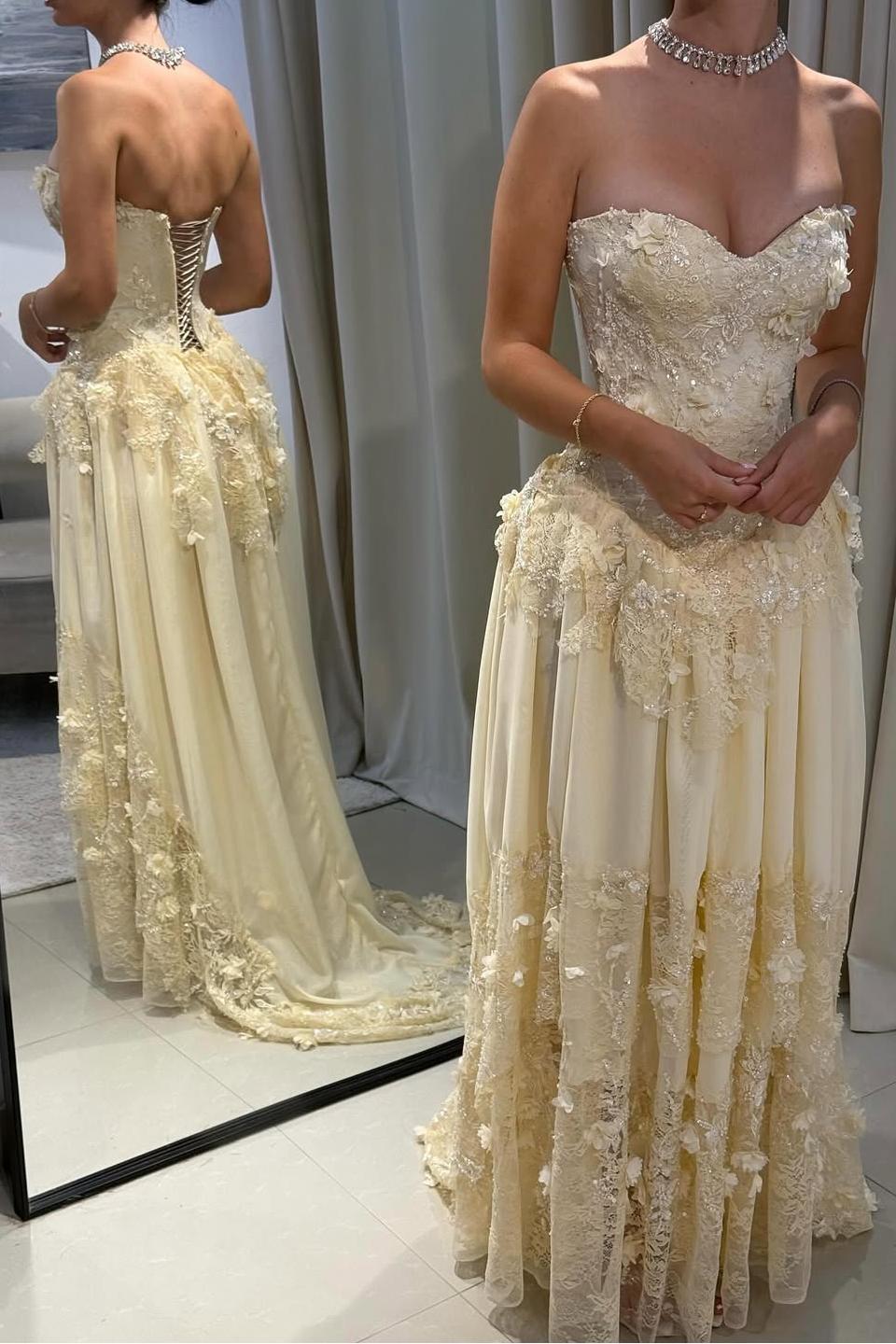 Yellow A Line Prom Dress Sleeveless Sweetheart Formal Dress With Lace Appliques