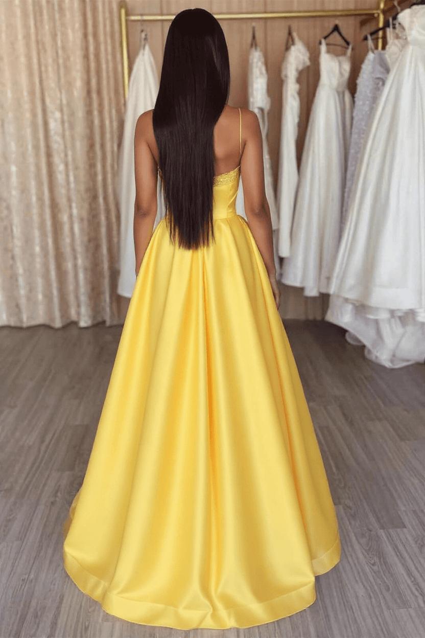 Yellow A Line Spaghetti Straps Evening Dress with Split