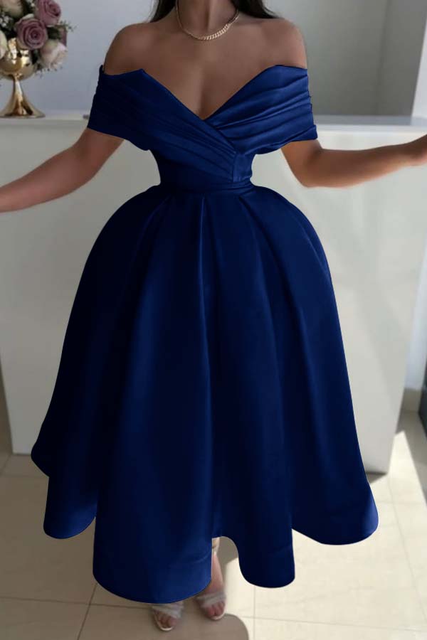 Yellow Ball Gown Prom Dress Off the Shoulder Satin Tea Length Formal Dress