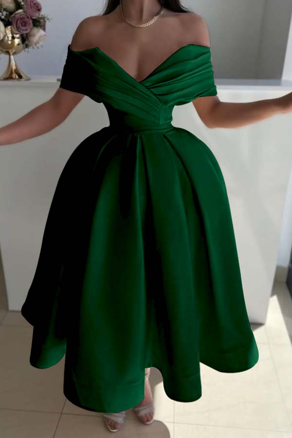 Yellow Ball Gown Prom Dress Off the Shoulder Satin Tea Length Formal Dress