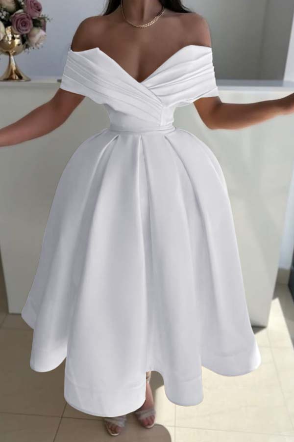 Yellow Ball Gown Prom Dress Off the Shoulder Satin Tea Length Formal Dress