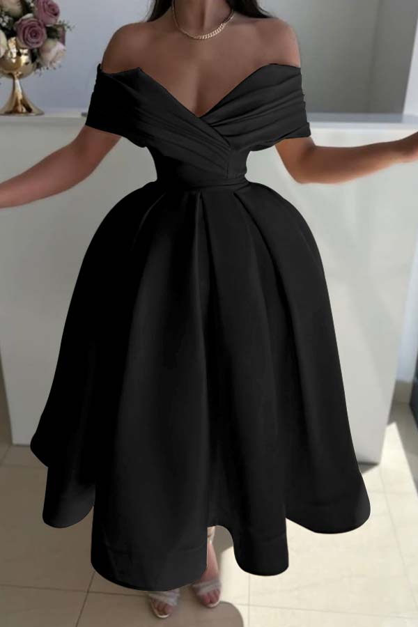 Yellow Ball Gown Prom Dress Off the Shoulder Satin Tea Length Formal Dress