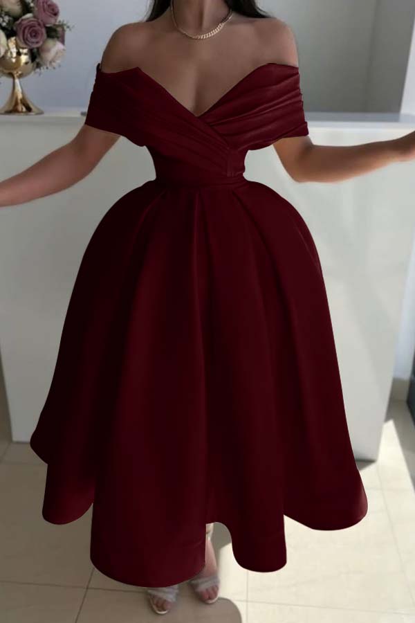 Yellow Ball Gown Prom Dress Off the Shoulder Satin Tea Length Formal Dress