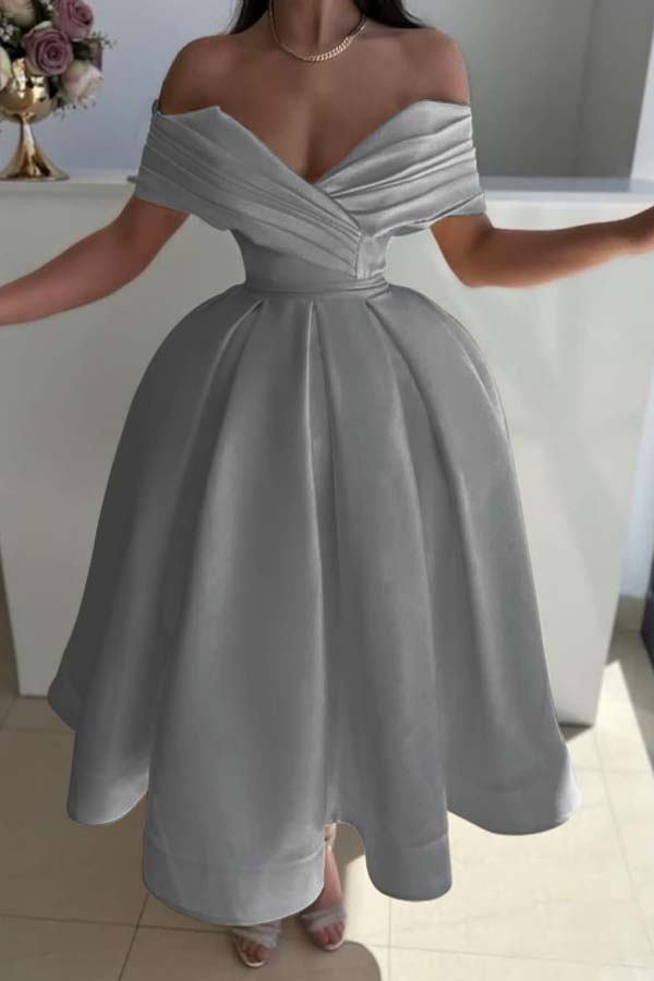 Yellow Ball Gown Prom Dress Off the Shoulder Satin Tea Length Formal Dress