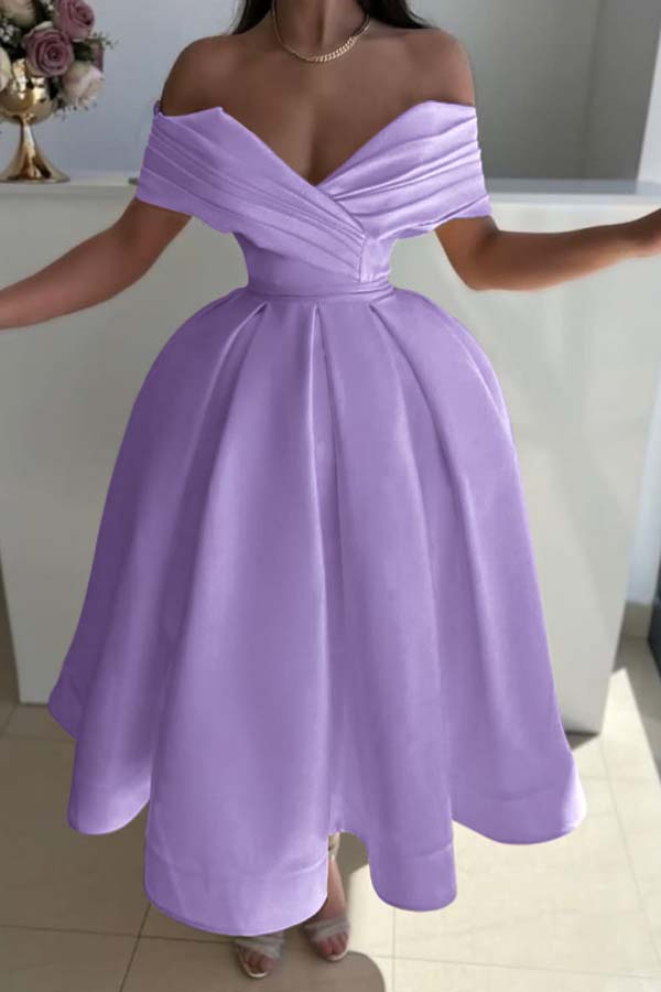 Yellow Ball Gown Prom Dress Off the Shoulder Satin Tea Length Formal Dress