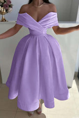 Yellow Ball Gown Prom Dress Off the Shoulder Satin Tea Length Formal Dress