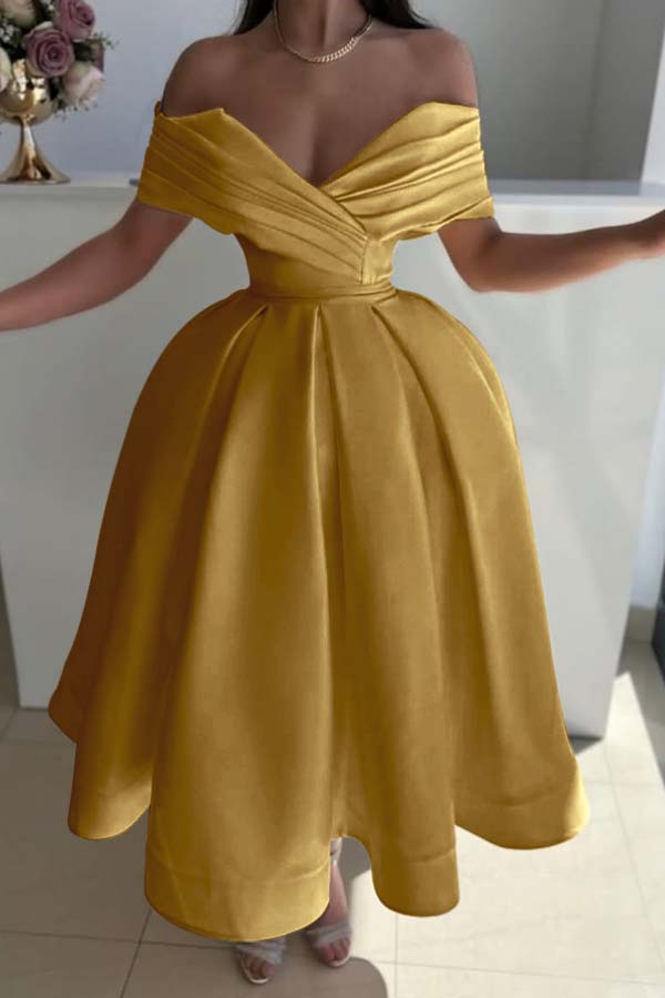 Yellow Ball Gown Prom Dress Off the Shoulder Satin Tea Length Formal Dress