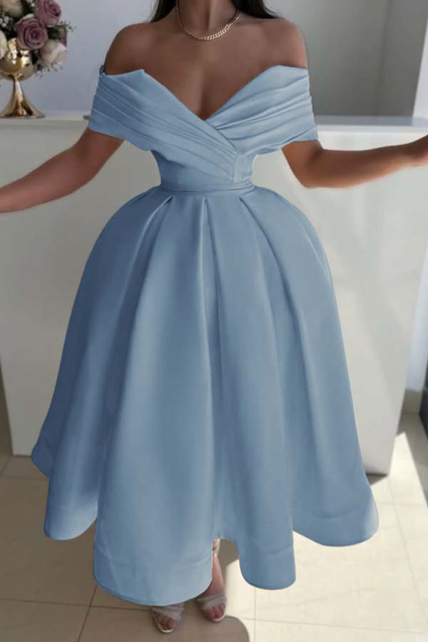 Yellow Ball Gown Prom Dress Off the Shoulder Satin Tea Length Formal Dress