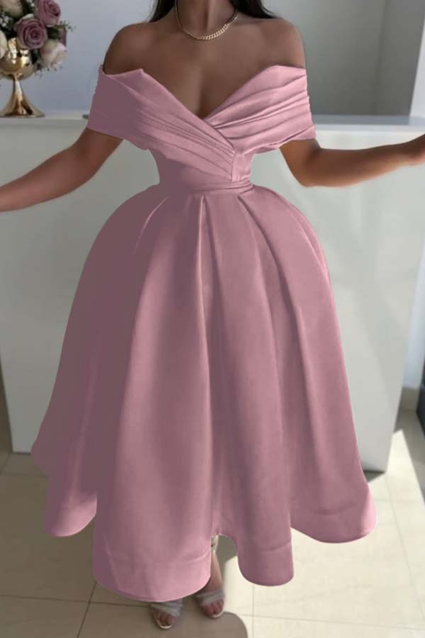 Yellow Ball Gown Prom Dress Off the Shoulder Satin Tea Length Formal Dress