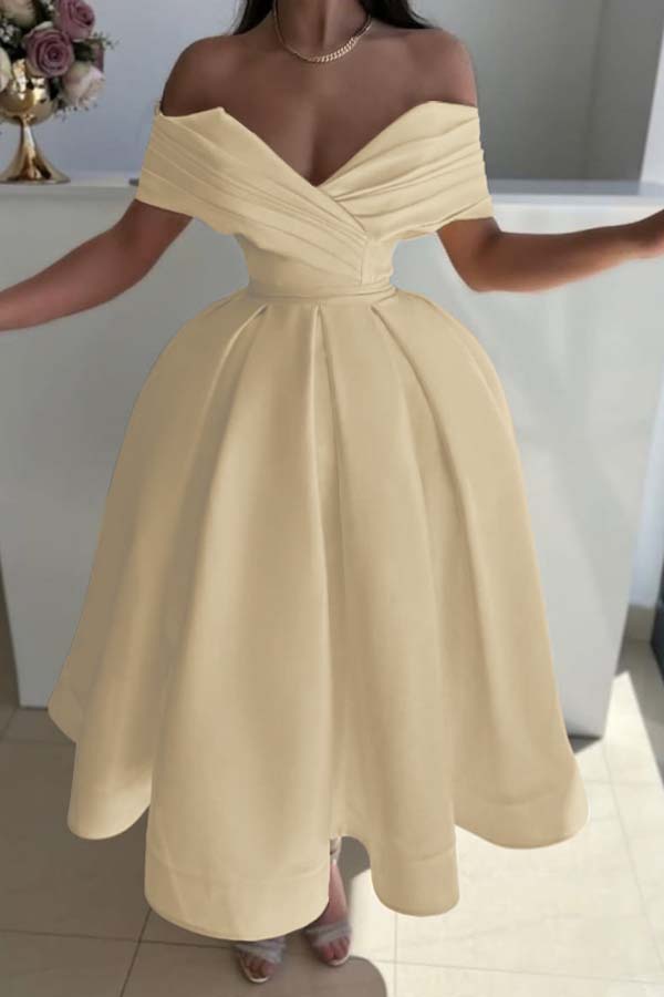 Yellow Ball Gown Prom Dress Off the Shoulder Satin Tea Length Formal Dress