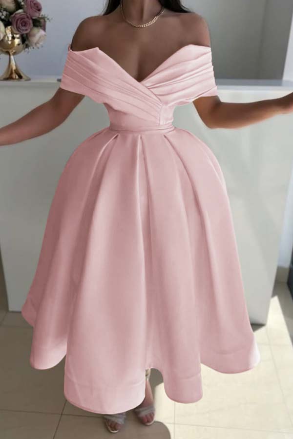 Yellow Ball Gown Prom Dress Off the Shoulder Satin Tea Length Formal Dress