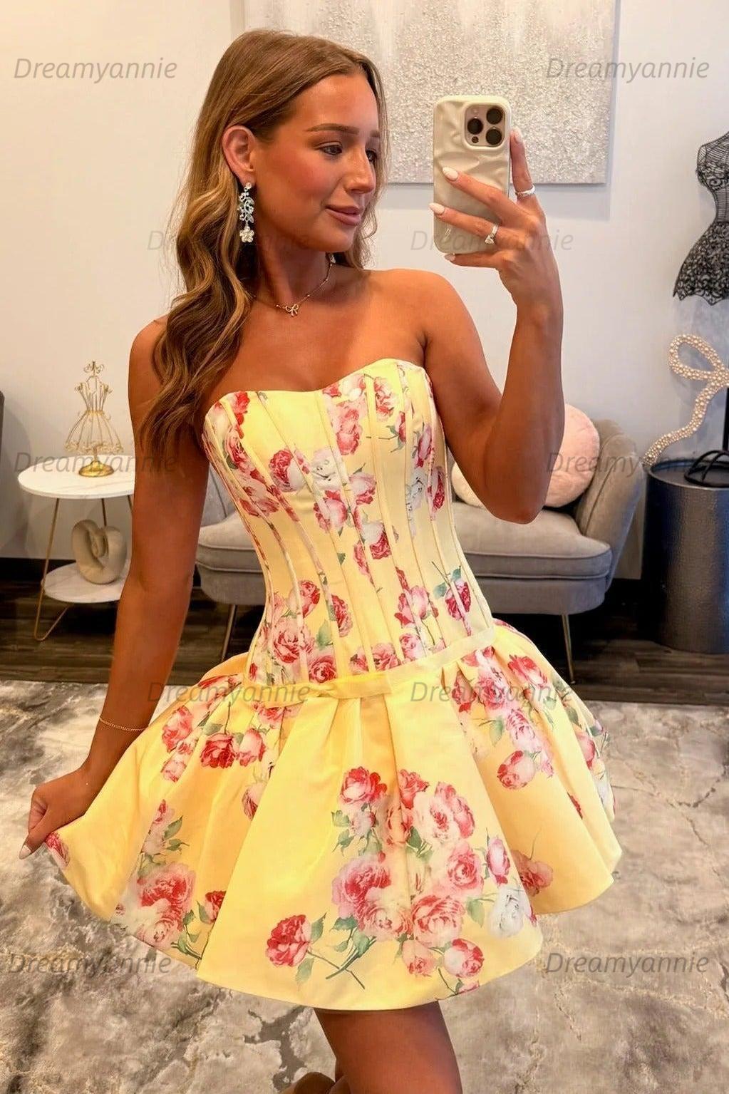 Yellow Floral Printed Homecoming Dress A Line Strapless Party Dress