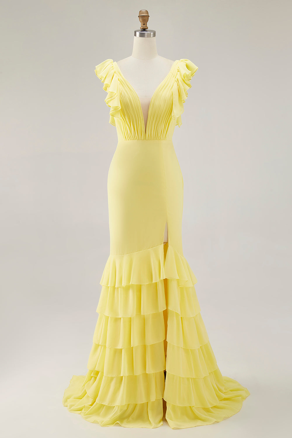 Yellow Formal Dress Chiffon V-Neck Long Mermaid Ruffles Wedding Guest Dress With Slit