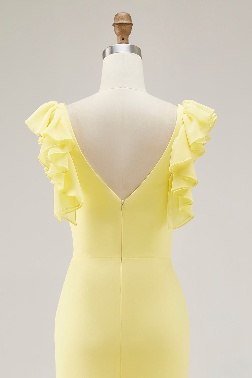Yellow Formal Dress Chiffon V-Neck Long Mermaid Ruffles Wedding Guest Dress With Slit