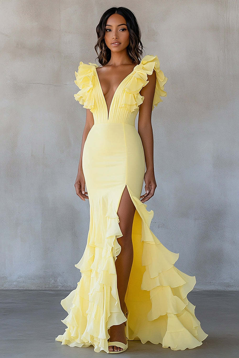 Yellow Formal Dress Chiffon V-Neck Long Mermaid Ruffles Wedding Guest Dress With Slit