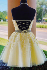 Yellow Homecoming Dress A Line Halter Backless Prom Dress