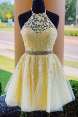 Yellow Homecoming Dress A Line Halter Backless Prom Dress