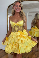Yellow Homecoming Dress Corset A Line Short Cocktail Dresses With 3D Flowers
