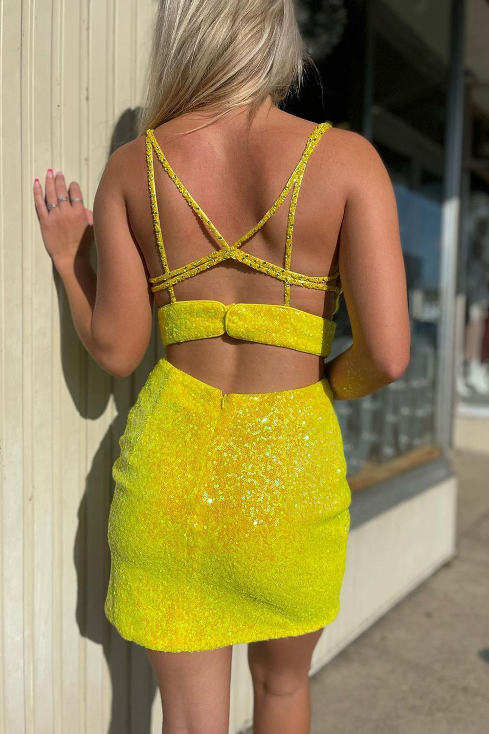 Yellow Homecoming Dress Deep V-Neck Sequin Tight Cocktail Party Dresses