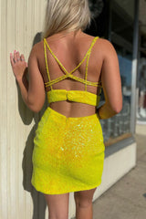 Yellow Homecoming Dress Deep V-Neck Sequin Tight Cocktail Party Dresses