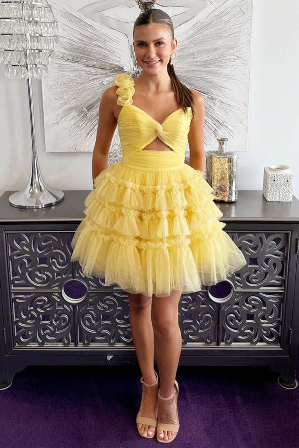 Yellow Homecoming Dress One Shoulder Ruffled A-Line Short Cocktail Dresses