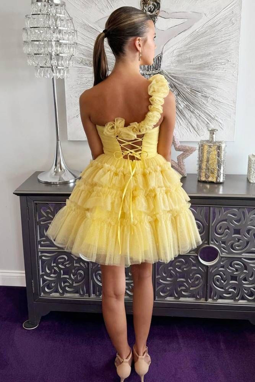 Yellow Homecoming Dress One Shoulder Ruffled A-Line Short Cocktail Dresses