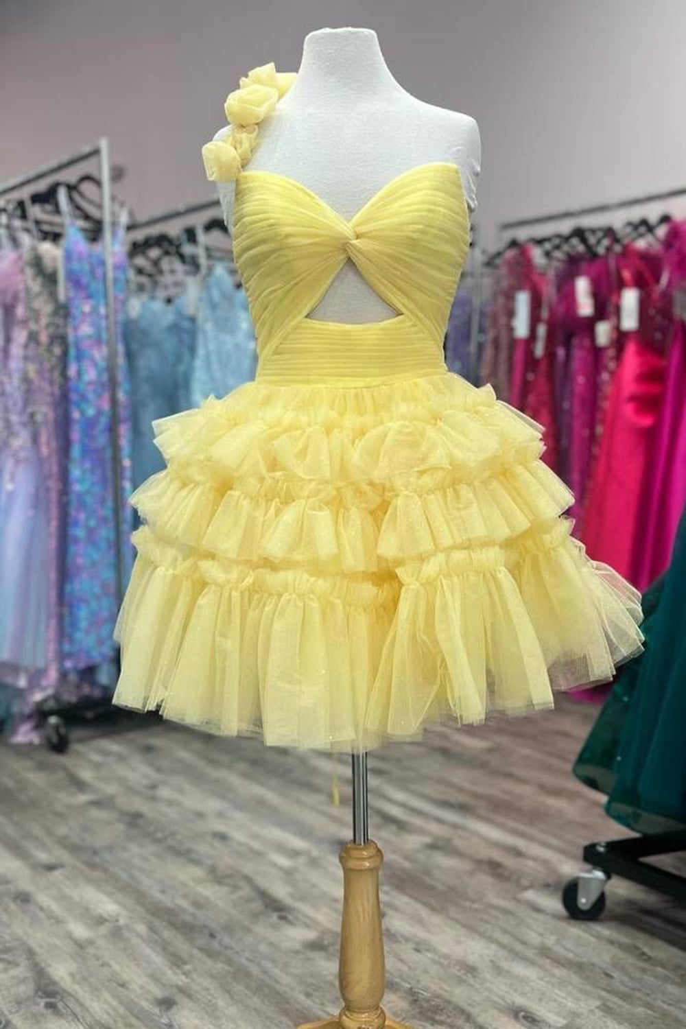 Yellow Homecoming Dress One Shoulder Ruffled A-Line Short Cocktail Dresses
