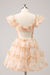 Yellow Homecoming Dress Printed Flower Tiered A Line Short Prom Dress