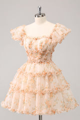 Yellow Homecoming Dress Printed Flower Tiered A Line Short Prom Dress