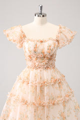 Yellow Homecoming Dress Printed Flower Tiered A Line Short Prom Dress