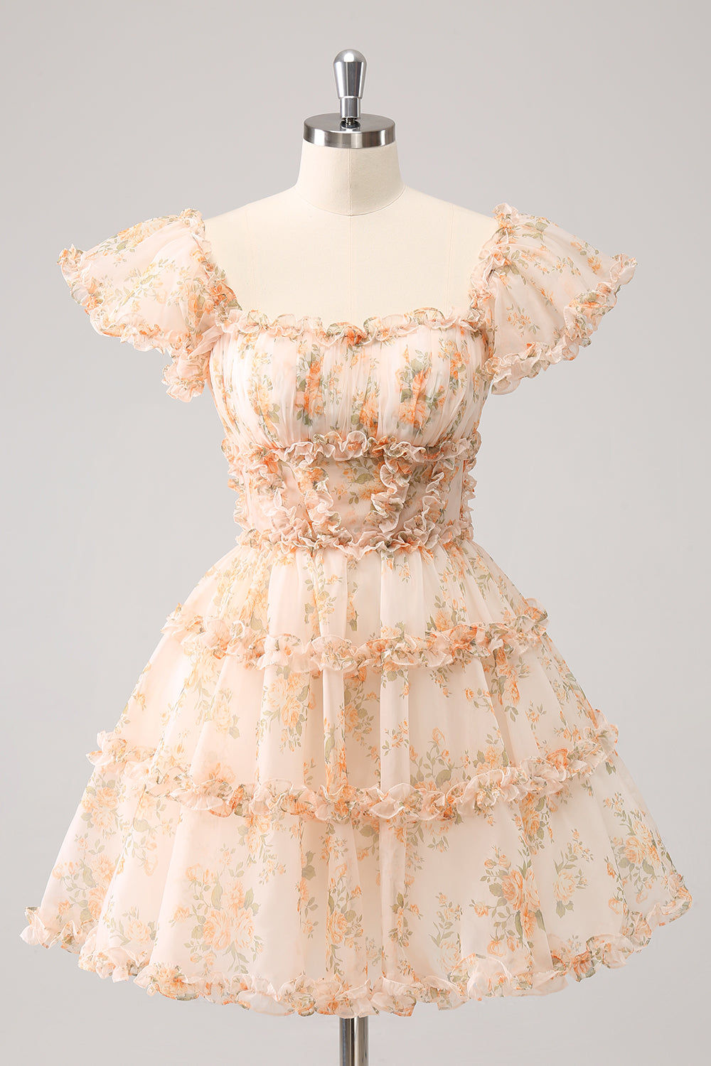 Yellow Homecoming Dress Printed Flower Tiered A Line Short Prom Dress