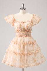 Yellow Homecoming Dress Printed Flower Tiered A Line Short Prom Dress