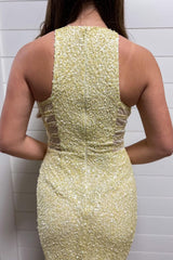 Yellow Homecoming Dress Sequin Asymmetrical Tight Prom Dress