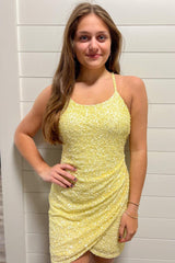 Yellow Homecoming Dress Sequin Asymmetrical Tight Prom Dress