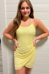 Yellow Homecoming Dress Sequin Asymmetrical Tight Prom Dress